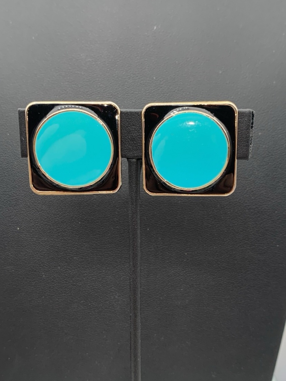 Vintage metal Square Clip-On Earrings with Black & Bright Turquoise enamel